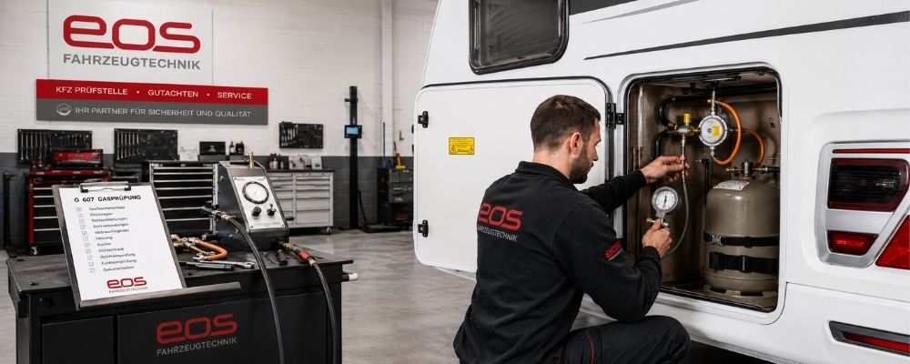 Prüfer kontrolliert bei der Gasprüfung nach G 607 den Gasflaschenkasten eines Wohnwagens
