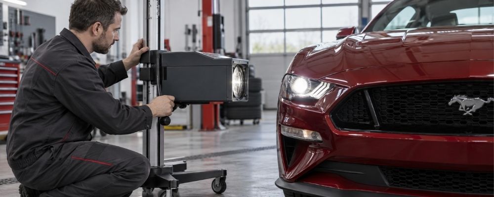 Scheinwerferprüfung an einem US-Importfahrzeug bei EOS Fahrzeugtechnik