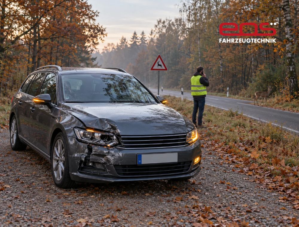Beschädigtes Auto nach einem Wildunfall auf einer Landstraße im Herbst