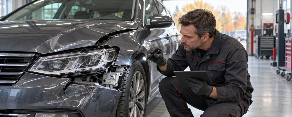 Sachverständiger von EOS Fahrzeugtechnik begutachtet den Wildschaden am Fahrzeug