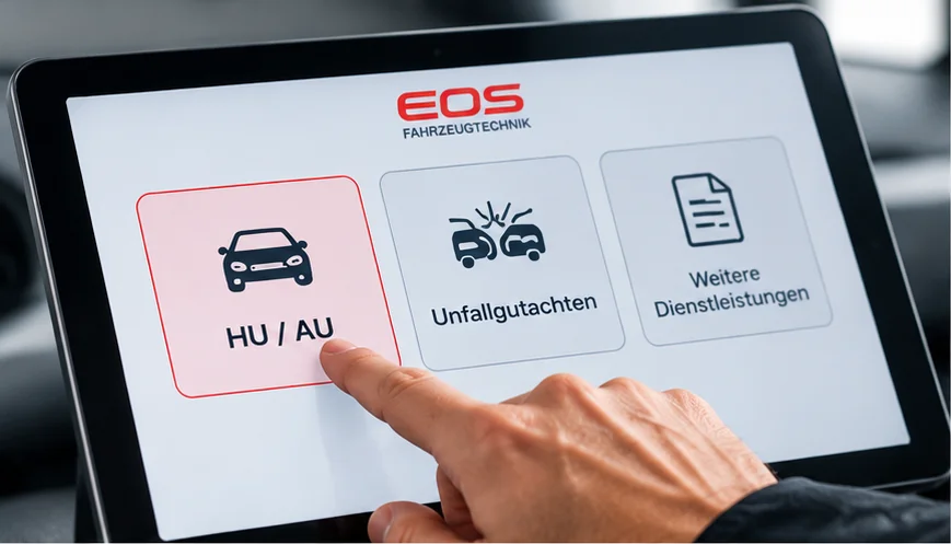 Kunde wählt am Tablet die gewünschte Leistung bei EOS Fahrzeugtechnik